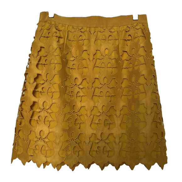LOFT Women's 6 Mustard Yellow Layered Cutout Embroidered Skirt BOHO Academia NWT - Picture 1 of 8